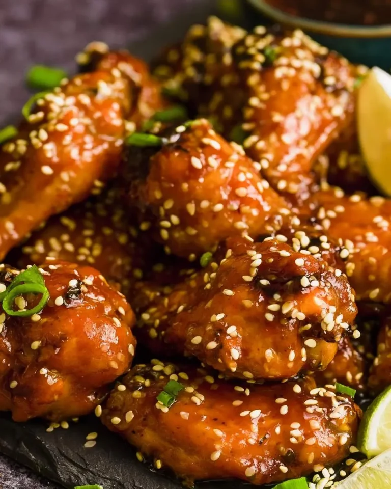 Slow Cooker Asian Orange Wings glazed and garnished with sesame seeds and green onions on a dark slate.
