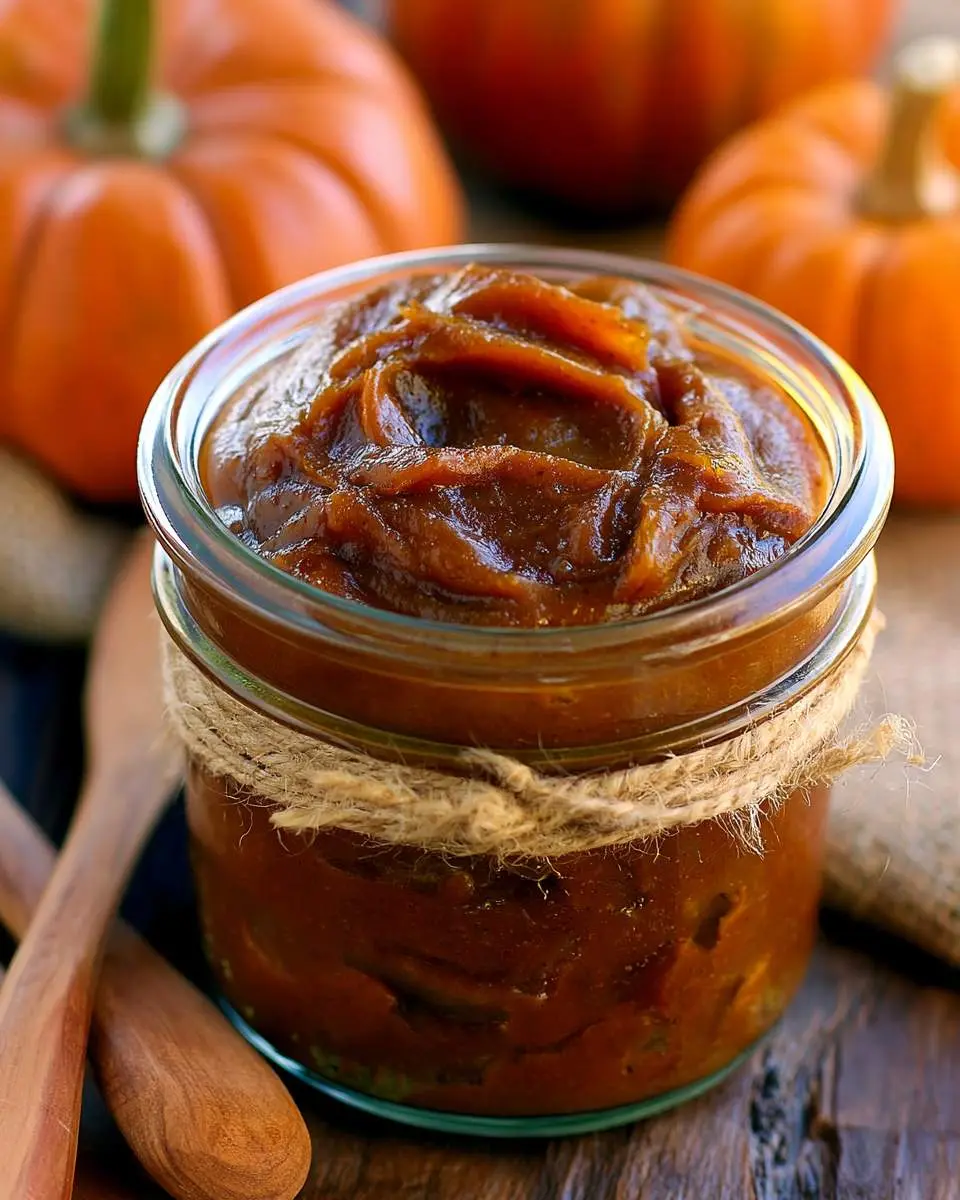A glass jar filled with thick, spiced Slow Cooker Pumpkin Butter, tied with twine and surrounded by small pumpkins.