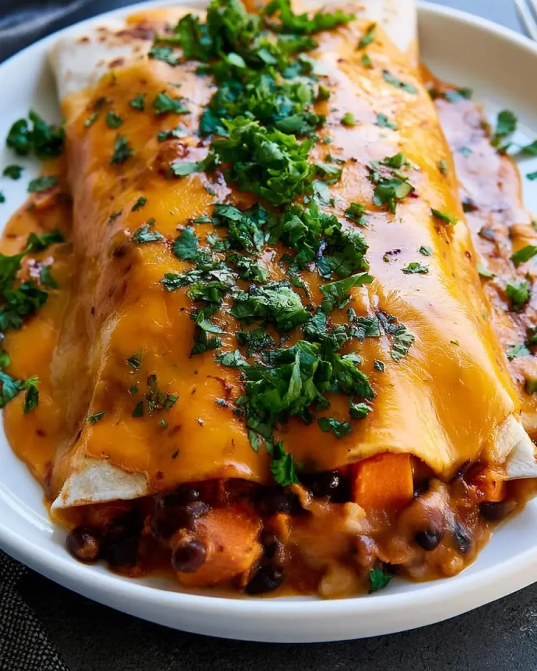 Sweet Potato Black Bean Enchiladas topped with melted cheese and fresh cilantro on a white plate.