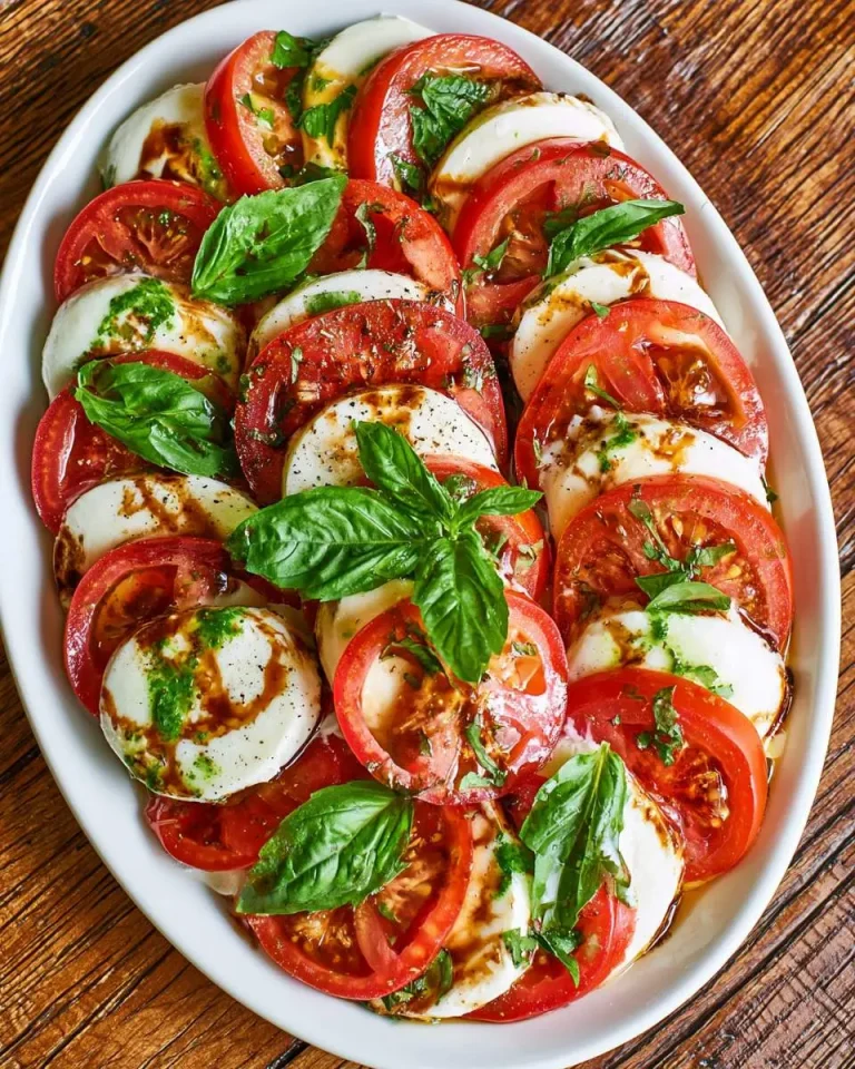 Fresh Tomato Mozzarella Salad with sliced tomatoes, mozzarella, basil leaves, and balsamic glaze on a white platter.