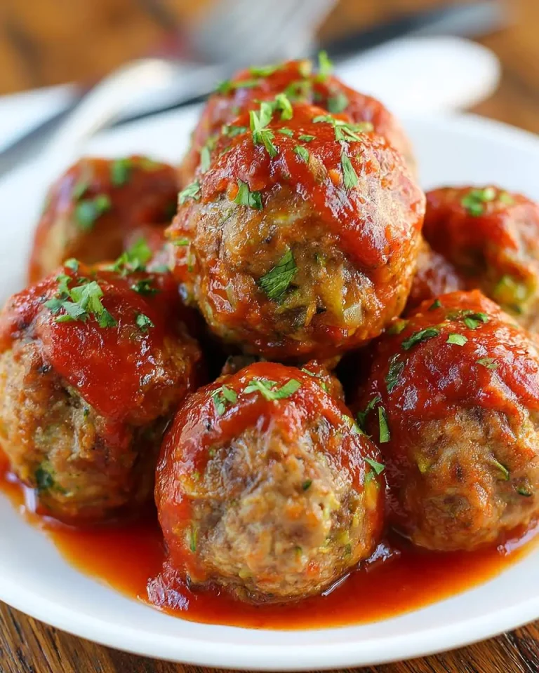 A stack of Turkey Zucchini Meatballs covered in rich tomato sauce and garnished with fresh herbs on a white plate.