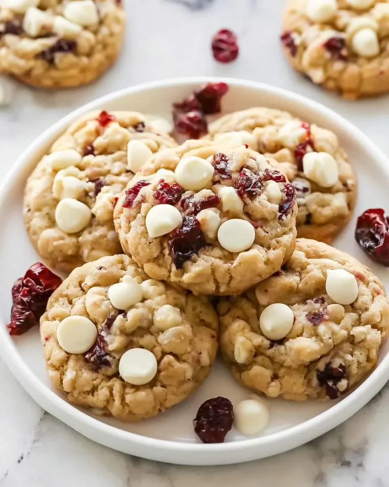A white plate stacked with chewy White Chocolate Cranberry Cookies topped with white chocolate chips and dried cranberries.
