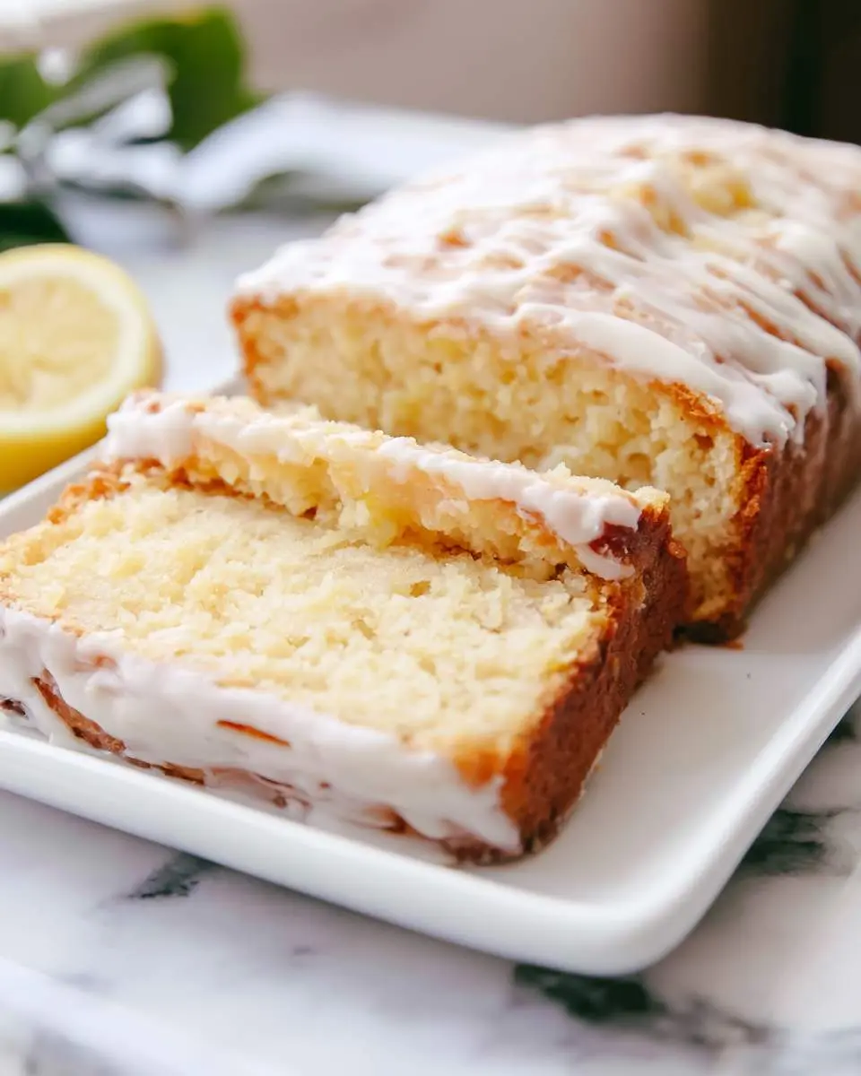 Sliced White Chocolate Lemon Bread with glaze on a white plate, with a fresh lemon half in the background.